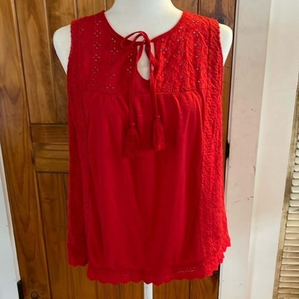 Knox Rose Red Eyelet Lace Cotton Poly Rayon Rib Knit Sleeveless Top Small